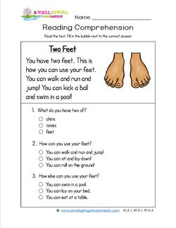 Reading for Kindergarten - Two Feet. Reading comprehension worksheets with three multiple choice questions.