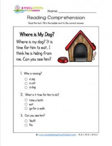 Reading for Kindergarten - Where's My Dog. Reading comprehension worksheets with three multiple choice questions.