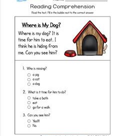Reading for Kindergarten - Where's My Dog. Reading comprehension worksheets with three multiple choice questions.