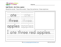 sight words worksheet - ate three apples