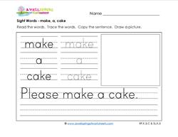 sight words worksheet - make a cake