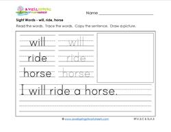 sight words worksheet - sill ride horse