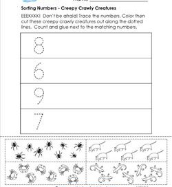 Sorting Numbers - Creepy Crawly Creatures - Kindergarten Sorting Worksheets