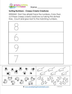 Sorting Numbers - Creepy Crawly Creatures - Kindergarten Sorting Worksheets