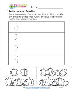 Sorting Numbers - Pumpkins - Kindergarten Sorting Worksheets