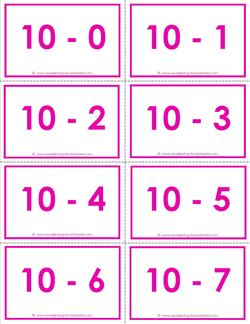 Subtraction Flash Cards 10's 0-10 in Color