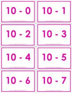 subtraction flash cards 0-20 10's color