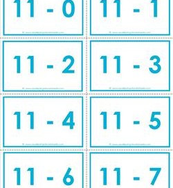 subtraction flash cards 0-20 11's color