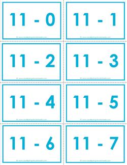 subtraction flash cards 0-20 11's color