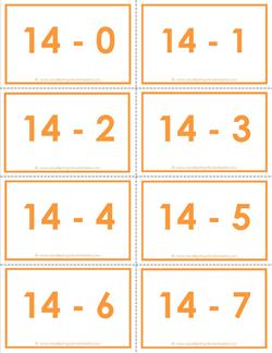 subtraction flash cards 0-20 14's color