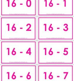 subtraction flash cards 0-20 16's color