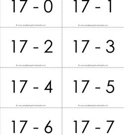 subtraction flash cards 0-20 17's b&w