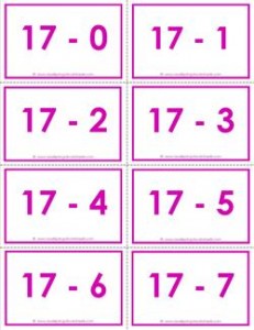 subtraction flash Cards 0-20 17's color