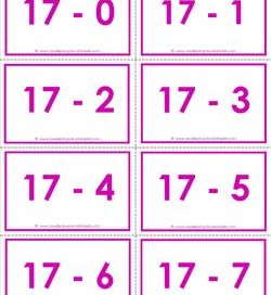 subtraction flash Cards 0-20 17's color