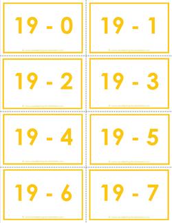 subtraction flash cards 0-20 19's color