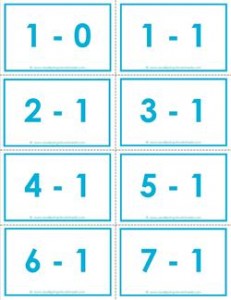 subtraction flash cards - 0-20- 1's -color