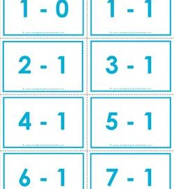 subtraction flash cards - 0-20- 1's -color