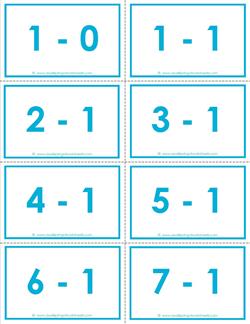 subtraction flash cards - 0-20- 1's -color