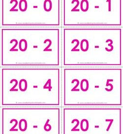 subtraction flash cards 0-20 20's color