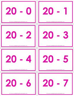 subtraction flash cards 0-20 20's color