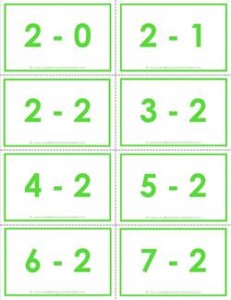 subtraction flash cards - 2s - 0-10 - color