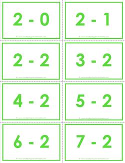 subtraction flash cards - 2s - 0-10 - color