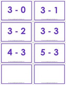 subtraction flash cards - 3s within 5 - color