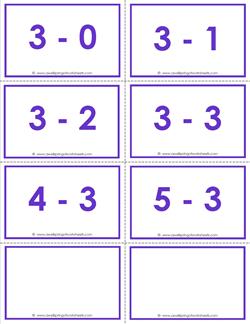 subtraction flash cards - 3s within 5 - color