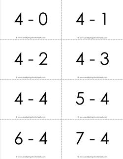 subtraction flash cards - 4s -0-10 - b&w