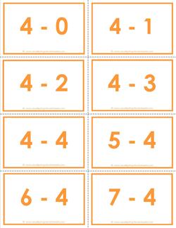 subtraction flash cards - 4s - 0-10 - color