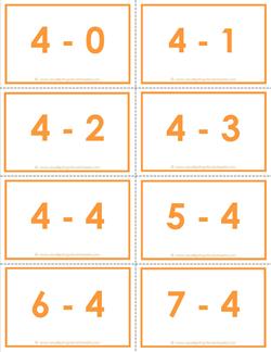 subtraction flash cards - 4s - 0-10 - color