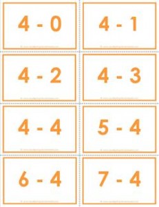 subtraction flash cards 0-2 - 4's color