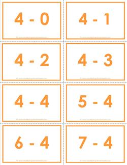 subtraction flash cards 0-2 - 4's color