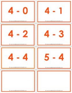 subtraction flash cards 4s - within 5 color