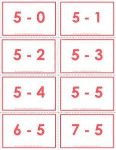 subtraction flash cards - 5s - 0-10 - color