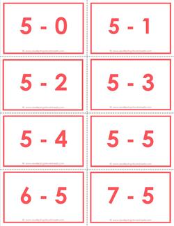subtraction flash cards - 5s - 0-10 - color