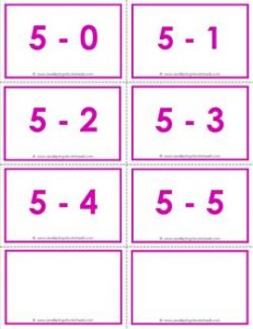 subtraction flash cards - 5s - within 5 - color