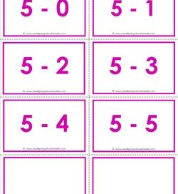 subtraction flash cards - 5s - within 5 - color