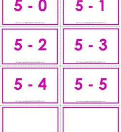 subtraction flash cards - 5s - within 5 - color
