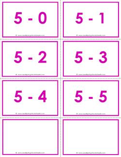 subtraction flash cards - 5s - within 5 - color