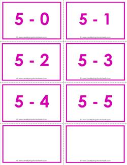 subtraction flash cards - 5s - within 5 - color