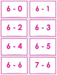 subtraction flash cards - 6s - 0-10 - color