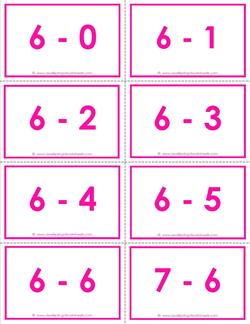 subtraction flash cards - 6s - 0-10 - color