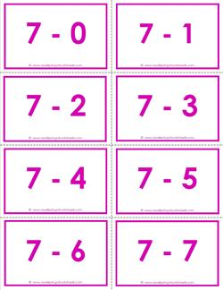 Subtraction Flash Cards 7's 0-10 set in Color