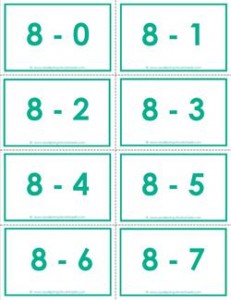 subtraction flash cards - 8s - 0-10 - color