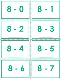 subtraction flash cards - 8s - 0-10 - color
