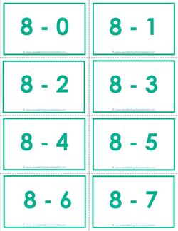 subtraction flash cards - 8s - 0-10 - color