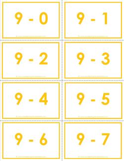 Subtraction Flash Cards 9's 0-10 set in Color