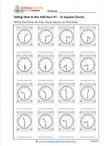Telling Time to the Half Hour #3 - 16 Square Clocks