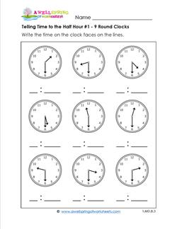 Telling Time to the Half Hour #1 - 9 Round Clocks